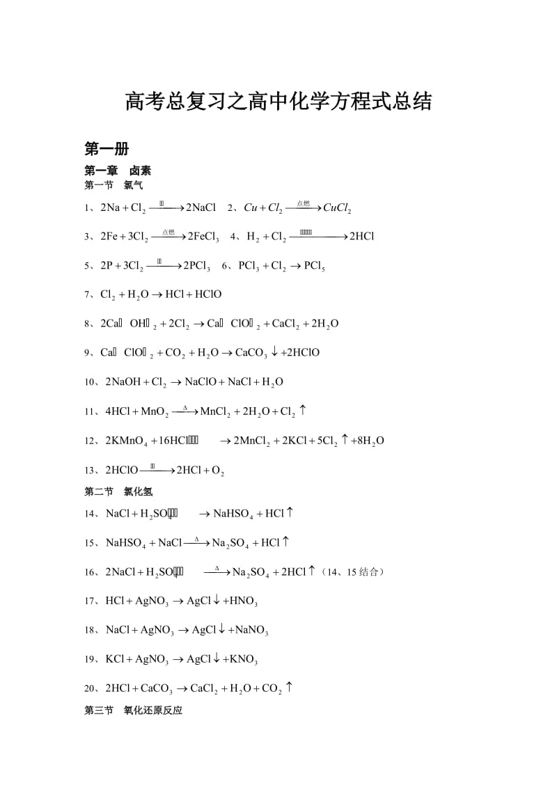 最新高中化学按章节顺序325个方程式优秀名师资料.doc_第1页
