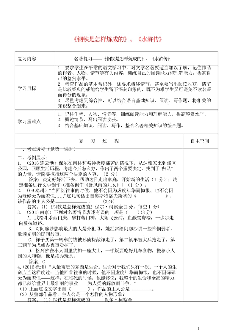 江苏省灌南县2018届中考语文专项复习名著阅读钢铁是怎样炼成的水浒传学案20180524228.wps