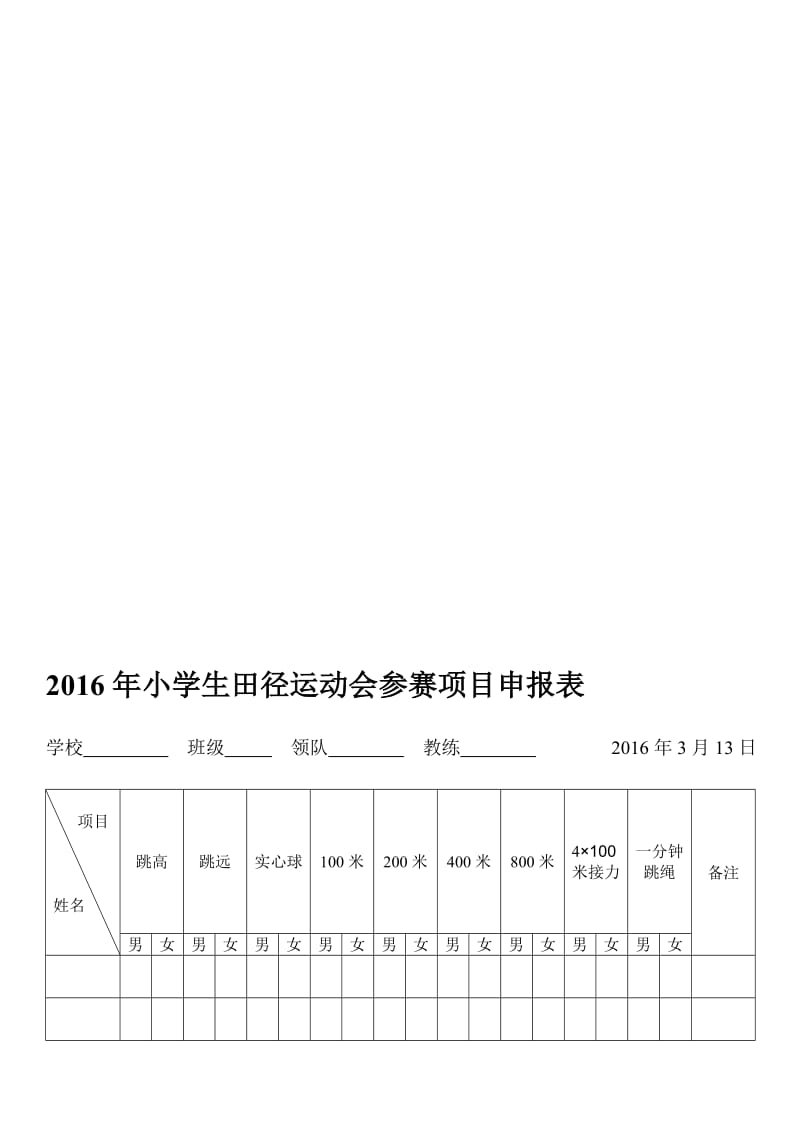 2016年小学生田径运动会参赛项目申报表.doc_第1页