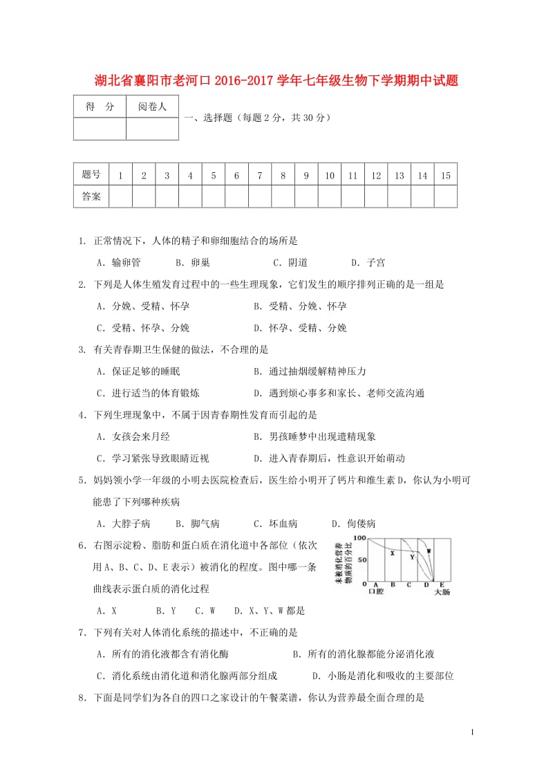 湖北省襄阳市老河口2016_2017学年七年级生物下学期期中试题20171102319.doc_第1页