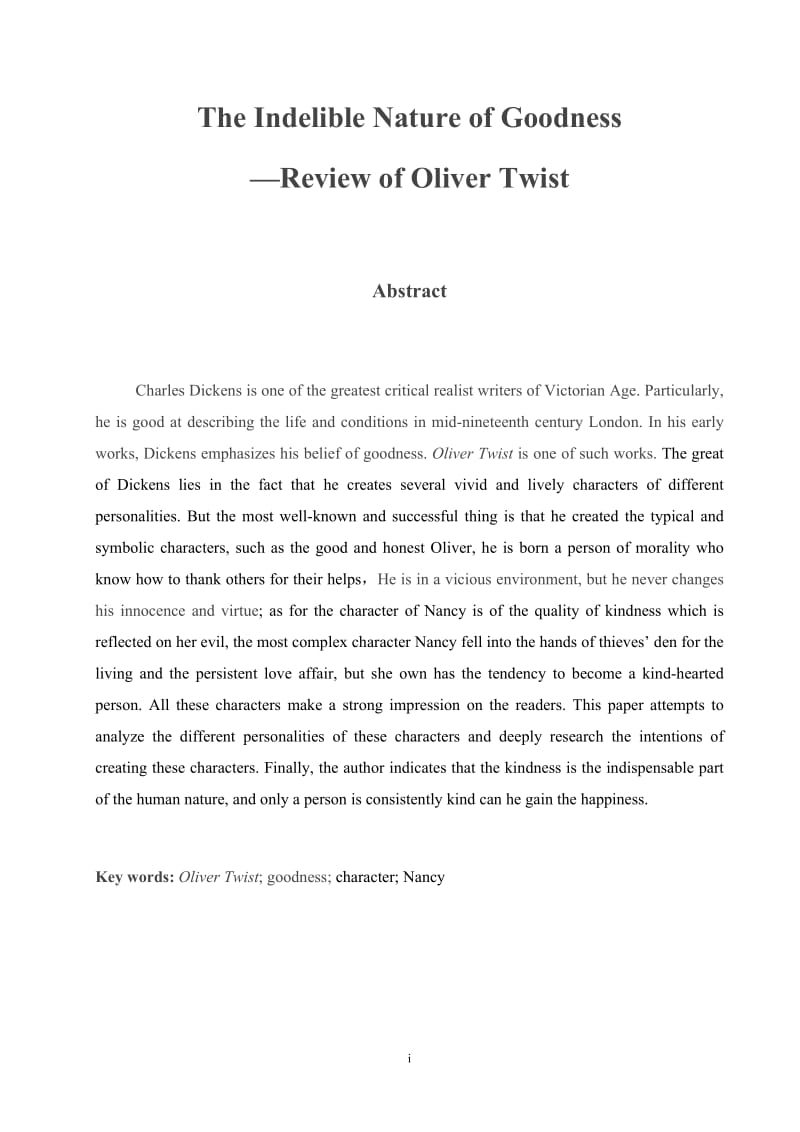 The Indelible Nature of Goodness—Review of Oliver Twist 英语专业毕业论文.doc_第1页