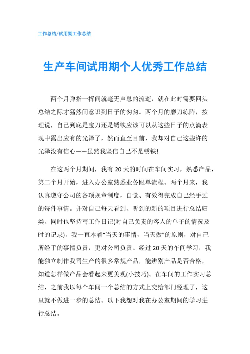 生产车间试用期个人优秀工作总结.doc_第1页