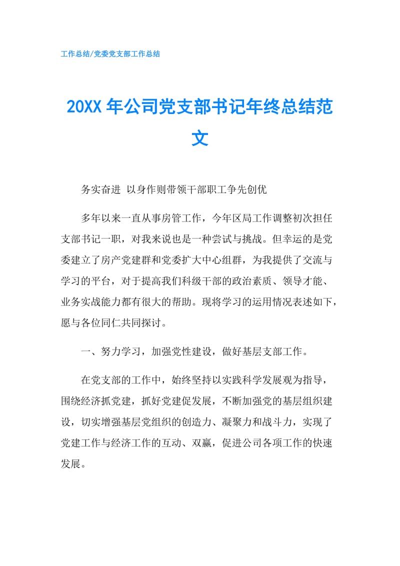 20XX年公司党支部书记年终总结范文.doc_第1页