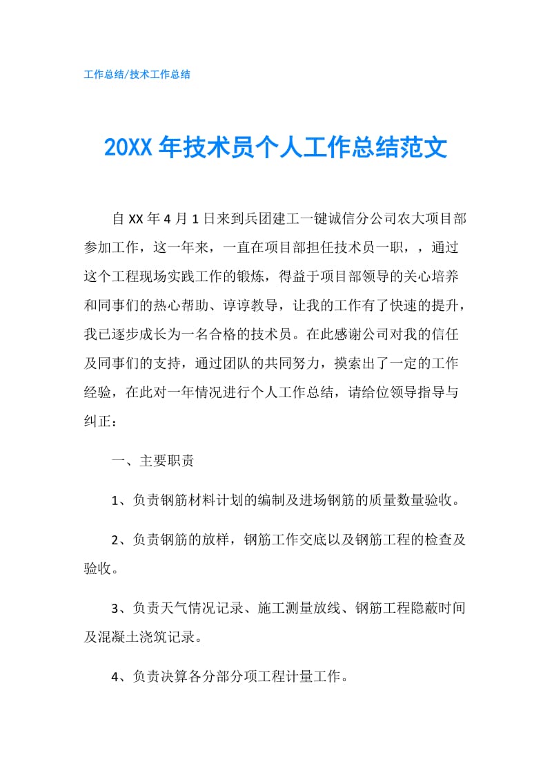 20XX年技术员个人工作总结范文.doc_第1页