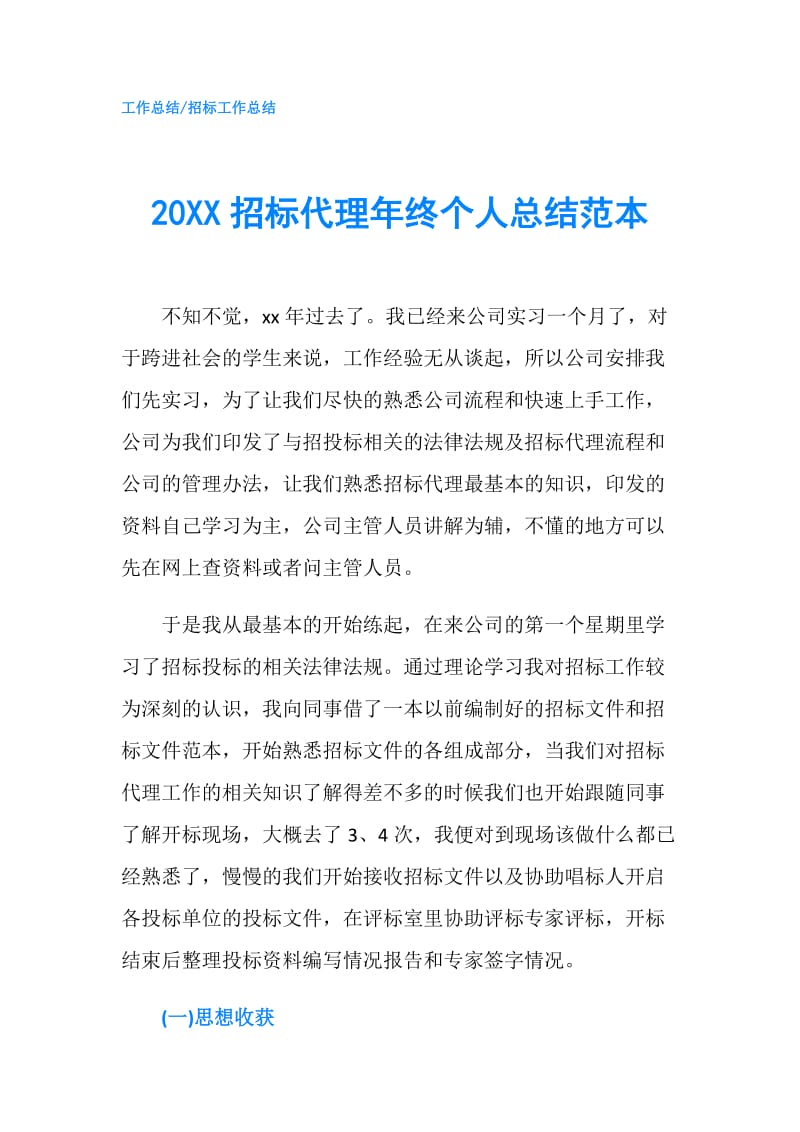 20XX招标代理年终个人总结范本.doc_第1页