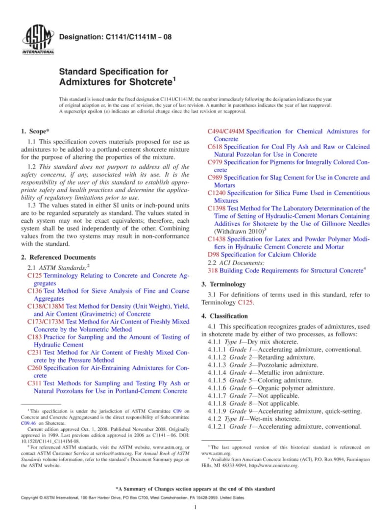 ASTMC1141C1141M-08StandardSpecificationforAdmixturesforShotcrete.pdf_第1页