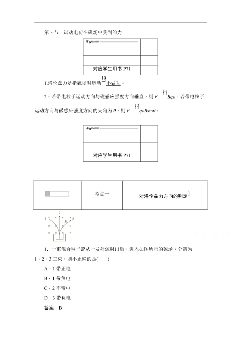 2019-2020学年高中物理人教版选修3-1同步作业与测评：3.5 运动电荷在磁场中受到的力 Word版含解析.doc_第1页