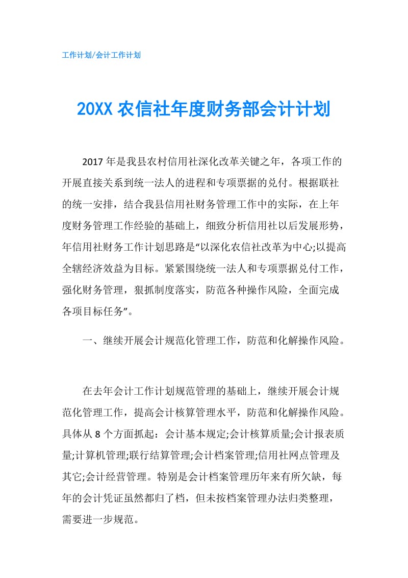 20XX农信社年度财务部会计计划.doc_第1页