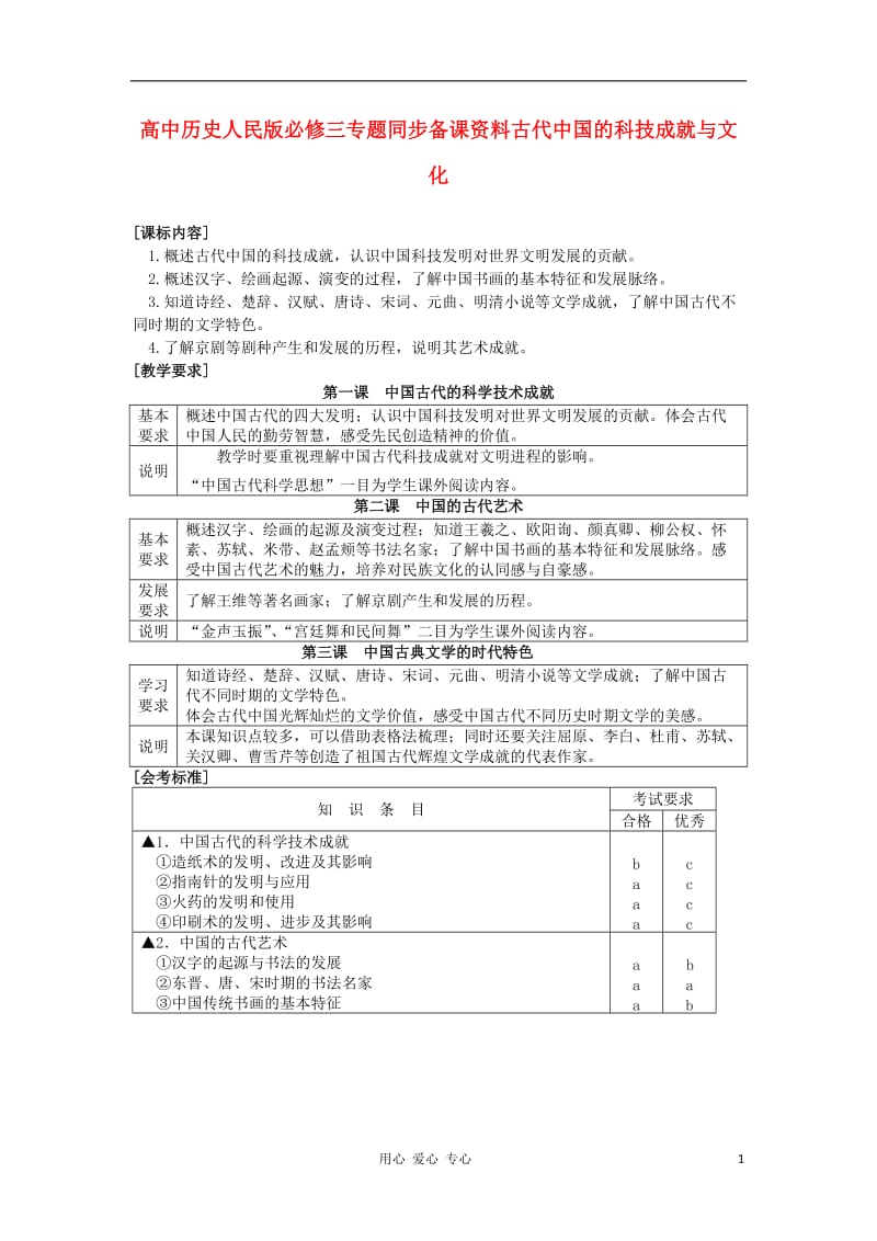 高中历史 专题同步备课资料古代中国的科技成就与文化 人民版必修3.doc_第1页