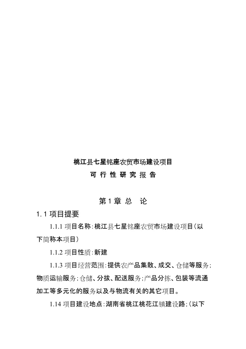 桃江县七星铭座农贸市场建设项目可行研究报告.doc_第1页