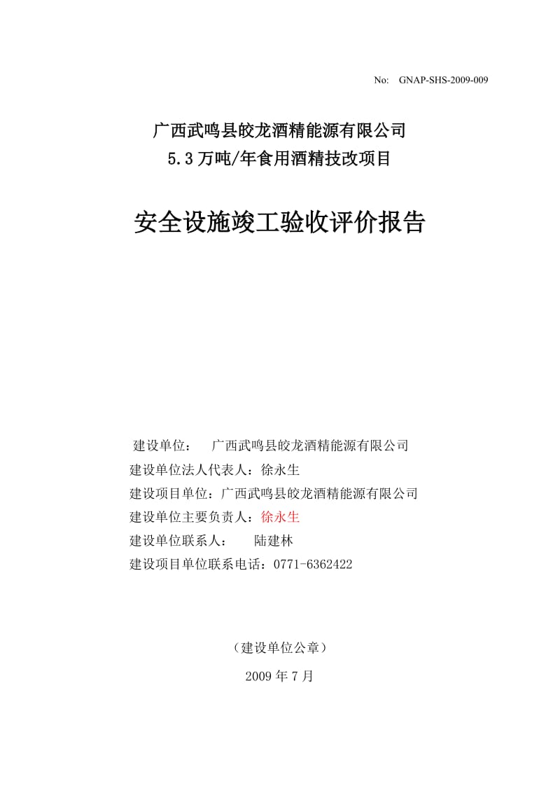 vj武鸣皎龙酒精安全验收评价报告初稿修改(周校2009.8.3).doc_第1页