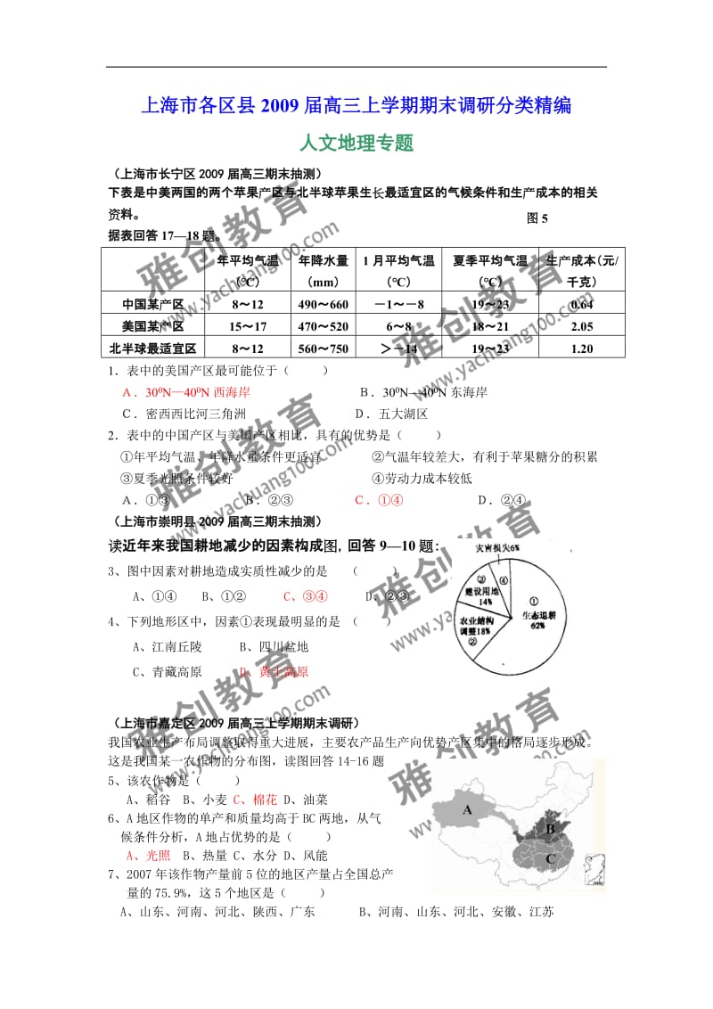 上海市各区2009届高三期末统测地理试题分类精编――人文地理.doc_第1页