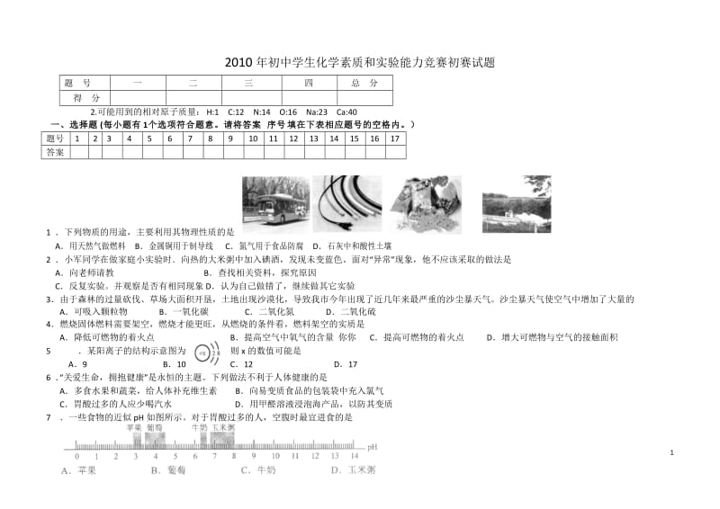 2010年湖南省初中学生化学素质和实验能力竞赛初赛试题及答案.doc_第1页