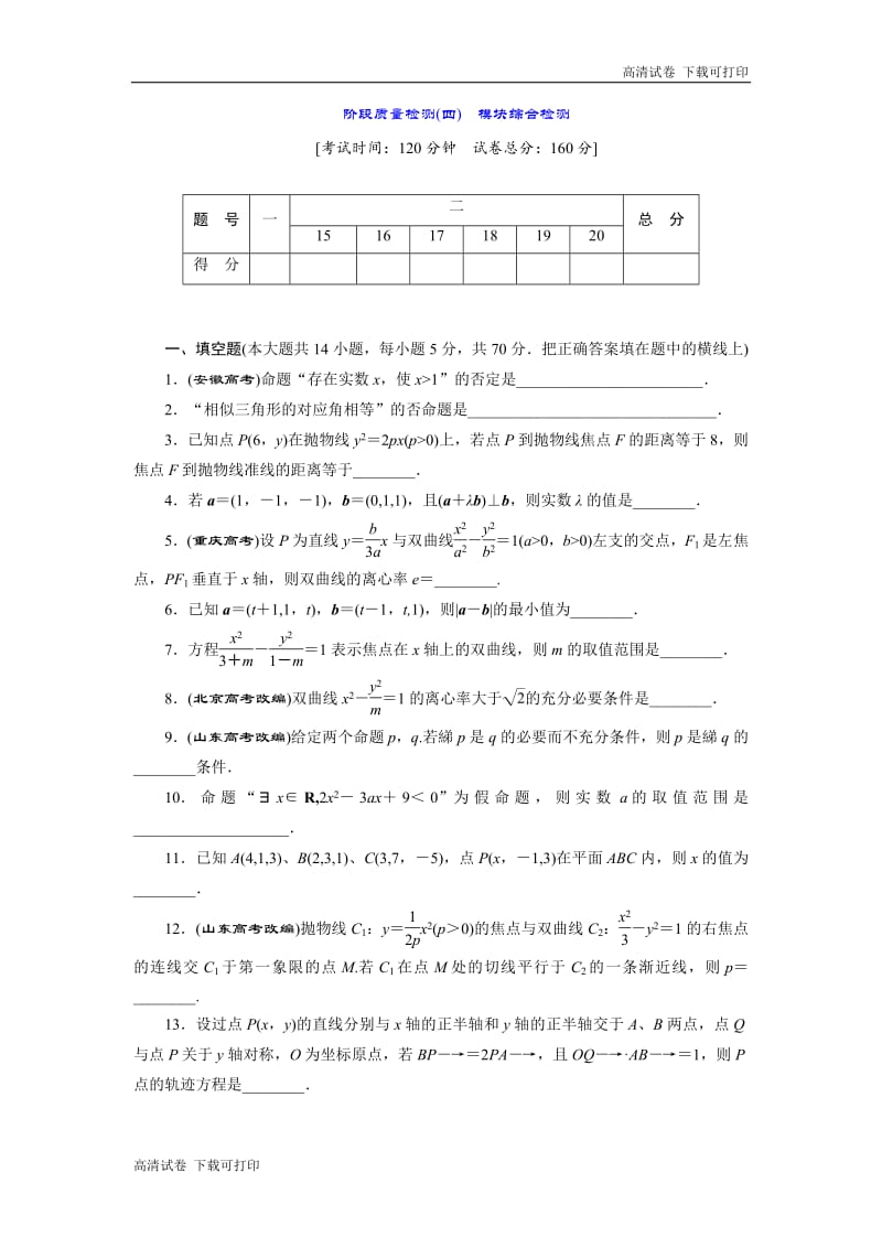 2018-2019学年高二数学苏教版选修2-1阶段质量检测（四）　模块综合检测 Word版含解析.pdf_第1页