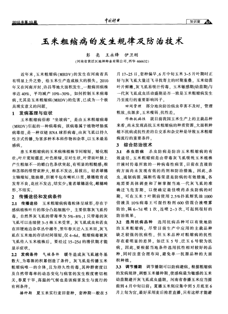 玉米粗缩病的发生规律及防治技术.pdf_第1页