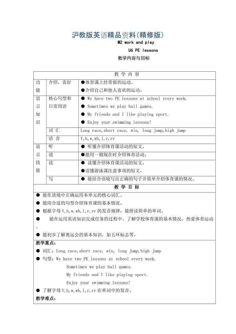 【上海教育版】英语六年级下册：Unit 6《PE lessons》教案（Word版）（精修版）.doc_第1页