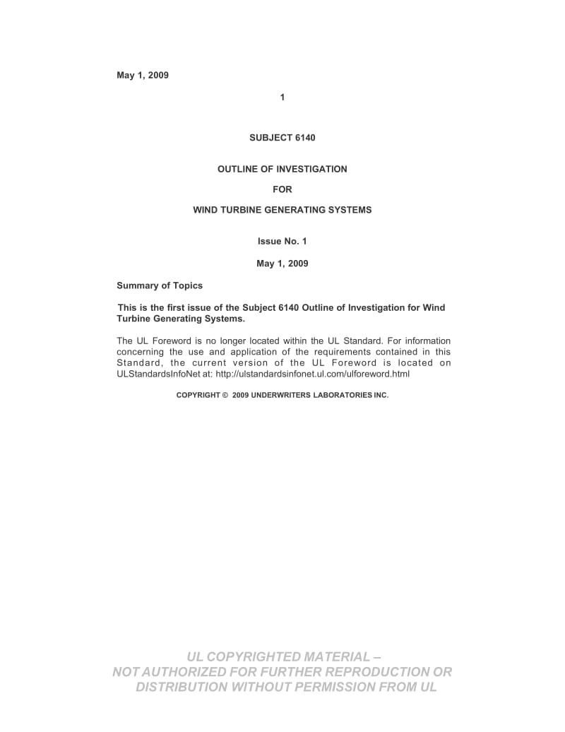 【行业标准】UL 6140-2009 Outline of Investigation for Wind Turbine Generating Systems.doc_第1页