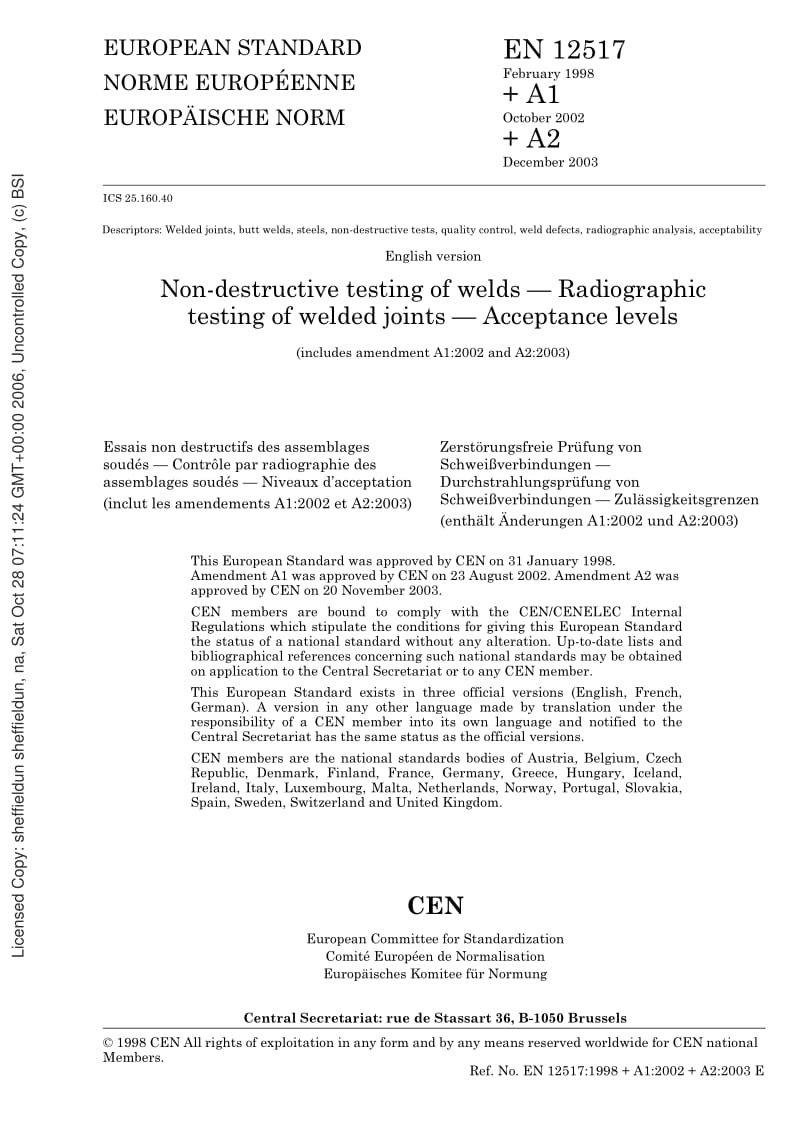 BS EN 12517-1998 Non-destructive testing of welds. Radiographic testing of welded joints. Acceptance levels.pdf_第3页