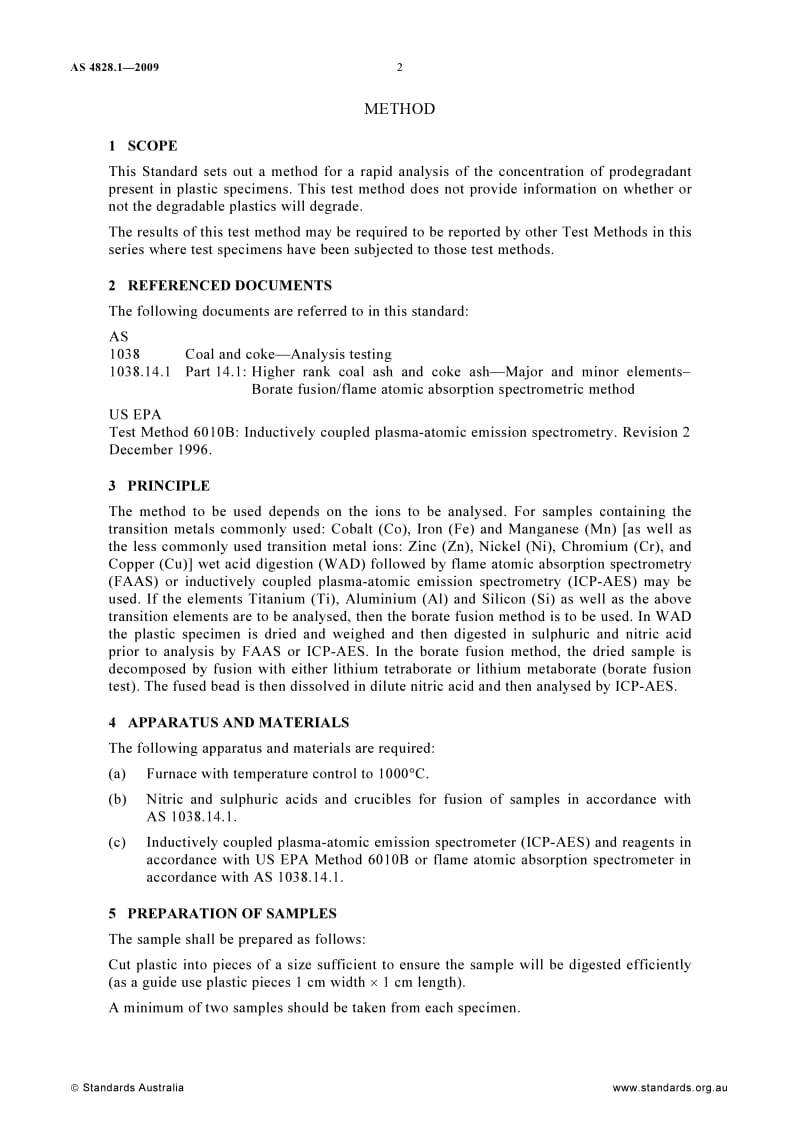 AS 4828-1-2009 Degradability of plastics—Methods of test Method 1 Determination of level of prodegradant ions.pdf_第2页