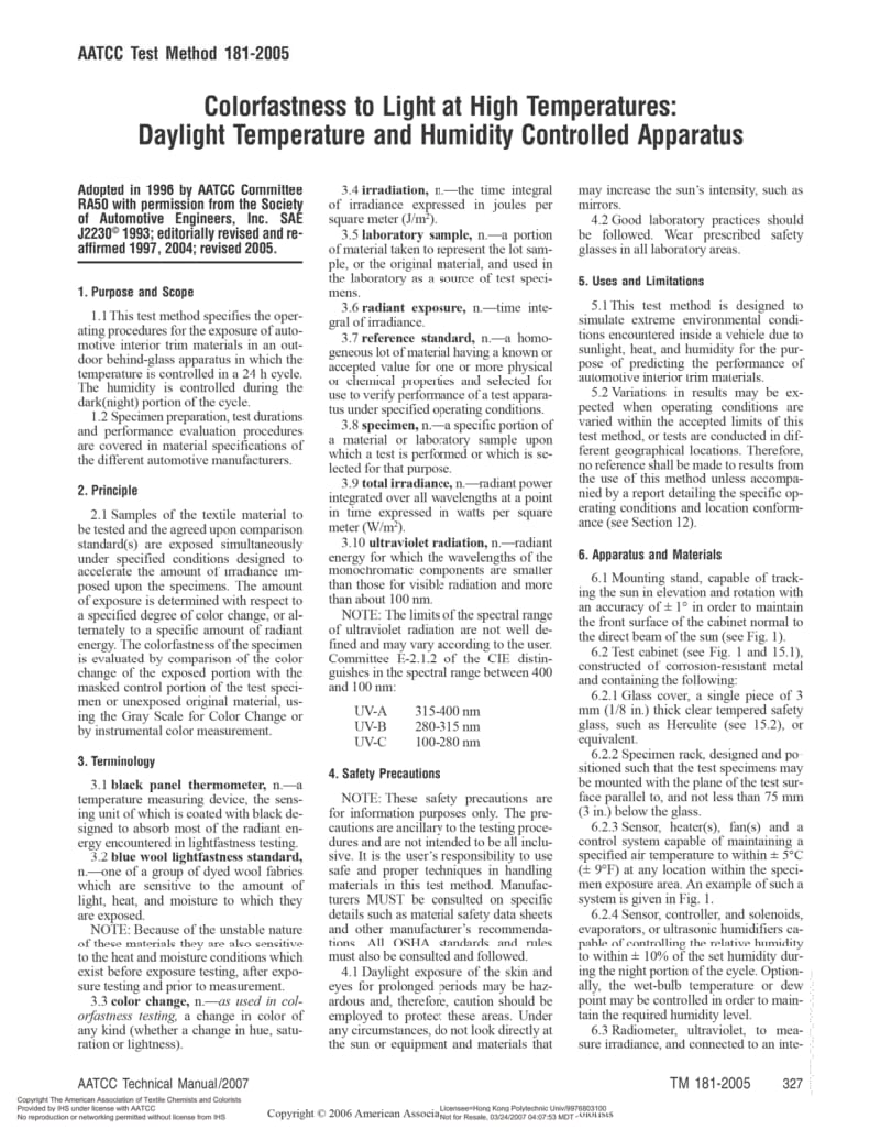 AATCC 181-2005 高温耐光色牢度：可控日光温度和湿度仪法.pdf_第1页