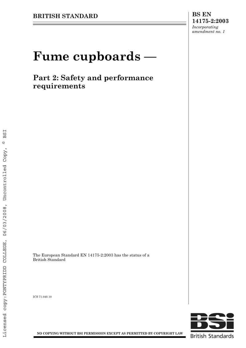 BS EN 14175-2-2003 Fume cupboards. Safety and performance requirements.pdf_第1页