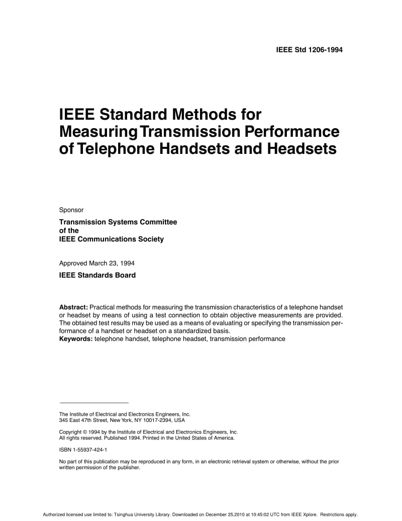 IEEE Std 1206-1994 IEEE Standard Methods for Measuring Transmission Performance of Telephone Handsets and Headsets.pdf_第1页