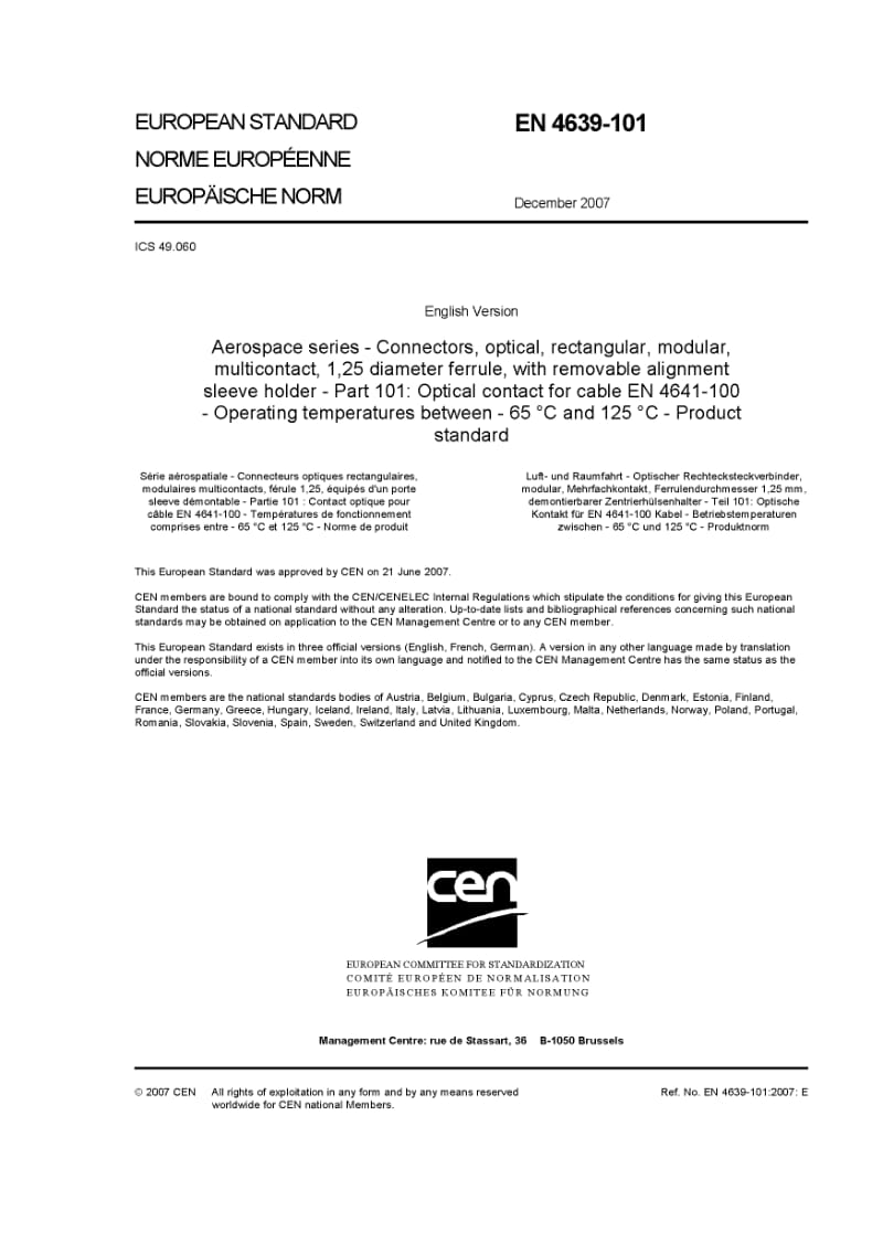 BS EN 4639-101-2007 航空航天系列.带可移除调整衬套固定器、1.25直径套圈、多触点、矩形模数光学连接器.第101部分EN 4641-100.pdf_第3页