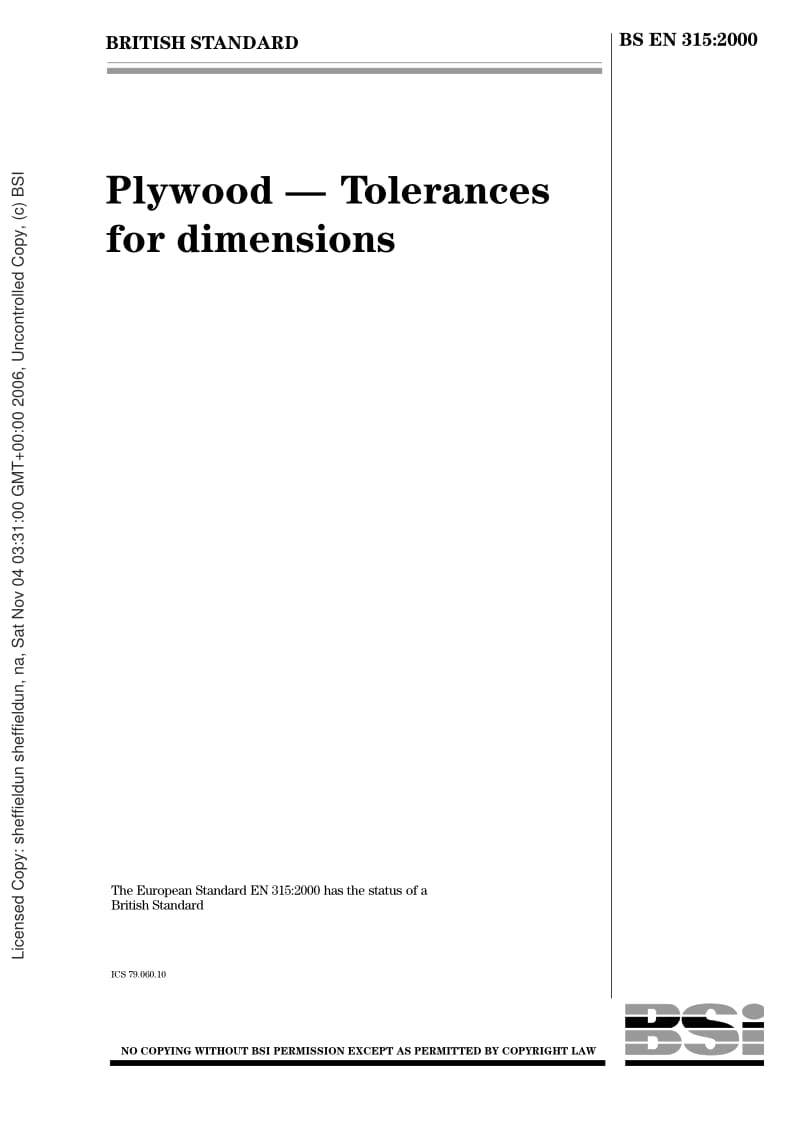 BS EN 315-2000 Plywood. Tolerances for dimensions.pdf_第1页