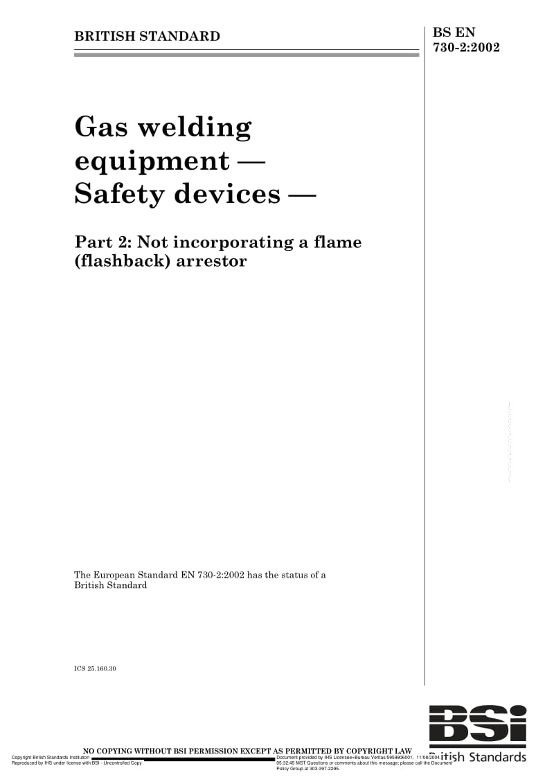 BS EN 730-2-2002 Gas welding equipment — Safety devices — Part 2 Not incorporating a flame (flashback) arrestor.pdf_第1页