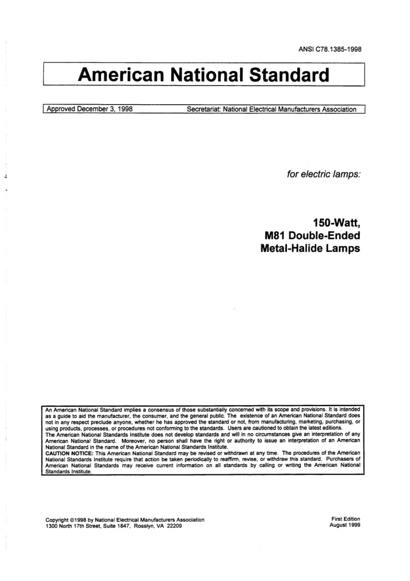 ANSI C78.1385-1998 电灯 150W、M81双端金属检卤灯.pdf_第1页