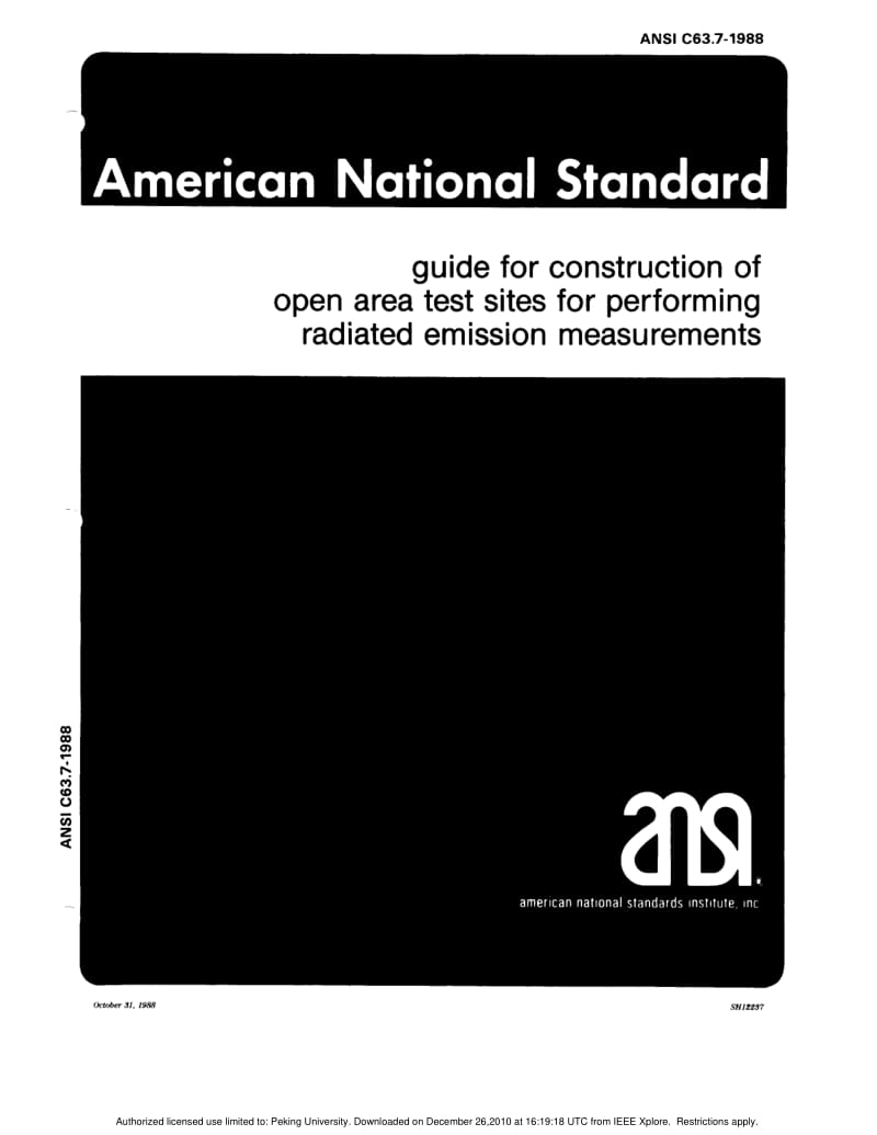 ANSI Std C63.7-1988 American National Standard Guide for Construction of Open Area Test Sites for Performing Radiated Emission Measurements.pdf_第1页