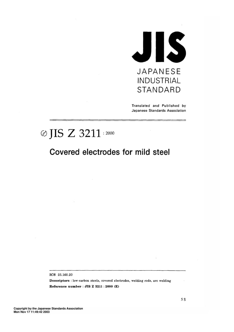 JIS Z 3211-2000 Covered electrodes for mild stee (英文版).pdf_第1页