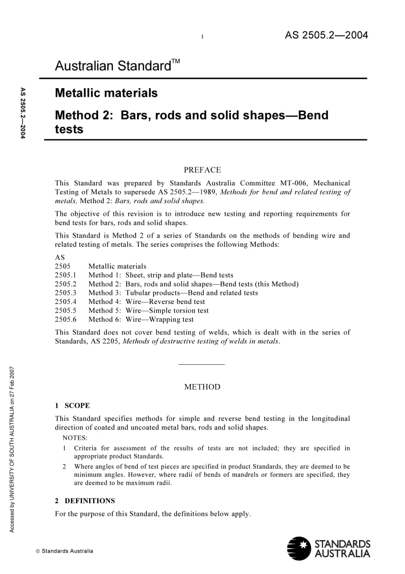 AS 2505-2-2004 Metallic materials Method 2 Bars, rods and solid shapes—Bend tests.pdf_第1页