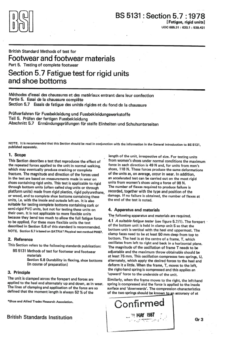 BS 5131-5.7-1978 鞋子和鞋料的试验方法.第5部分成品鞋靴试验.第7节硬鞋底部件和鞋底的疲劳试验1.pdf_第1页
