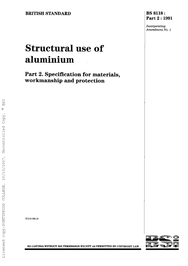 BS 8118-2-1991 Structural use of aluminium. Specification for materials, workmanship and protection (AM— 10486).pdf_第1页
