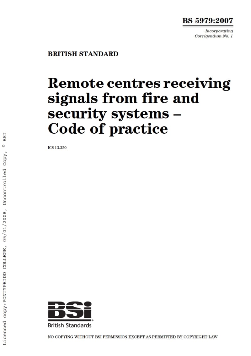 BS 5979-2007 Remote centres receiving signals from fire and security systems – Code of practice.pdf_第1页