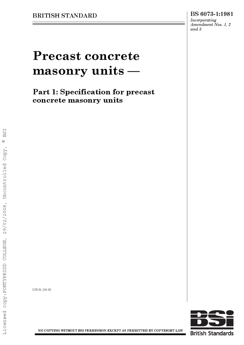 BS 6073-1-1981 Precast concrete masonry units. Specification for precast concrete masonry units.pdf_第1页