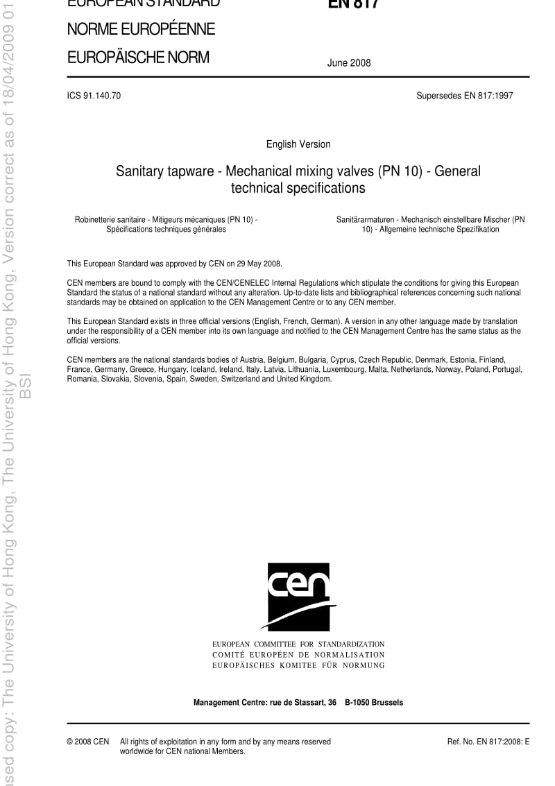 BS EN 817-2008 Sanitary tapware. Mechanical mixing valves (PN 10). General technical specifications1.pdf_第3页