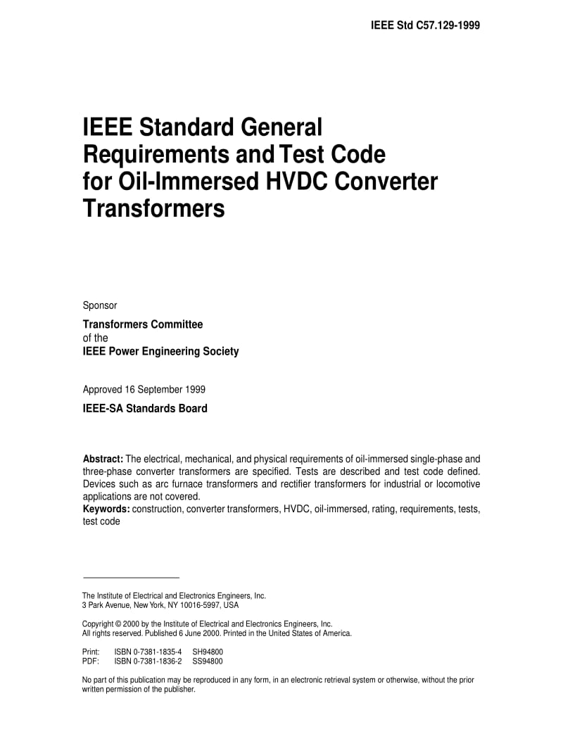 IEEE Std C57.129-1999 IEEE Standard General Requirements and Test Code for Oil-Immersed HVDC Converter Transformers.pdf_第1页