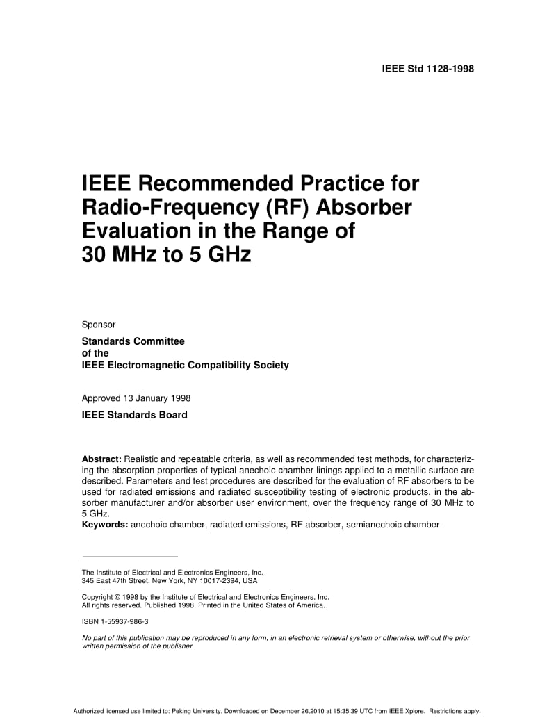 IEEE Std 1128-1998 IEEE Recommended Practice for Radio-Frequency (RF) Absorber Evaluation in the Range of 30 MHz to 5 GHz.pdf_第1页