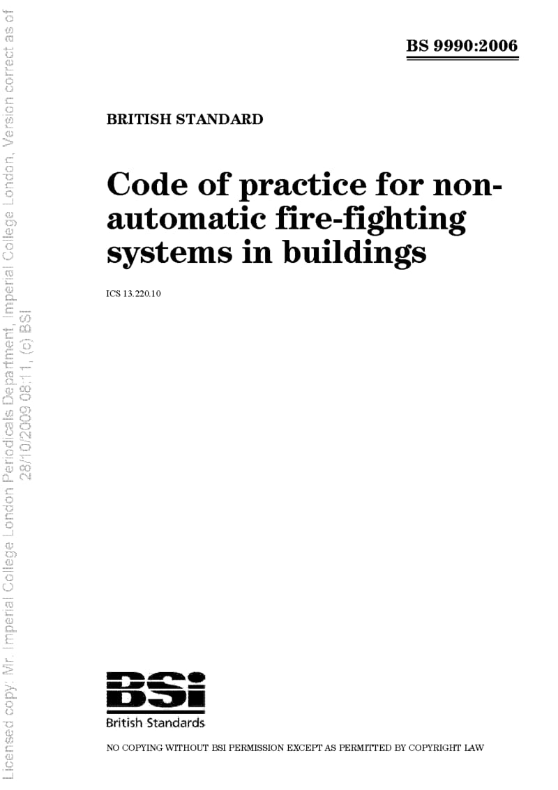 BS 9990-2006 建筑物非自动灭火系统的实施规程.pdf_第1页