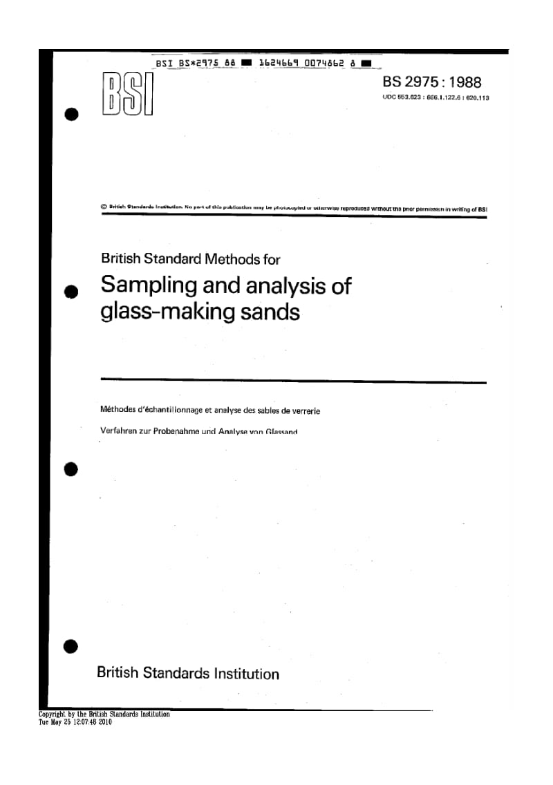 BS 2975-1988 玻璃制造用砂的取样和分析方法1.pdf_第1页