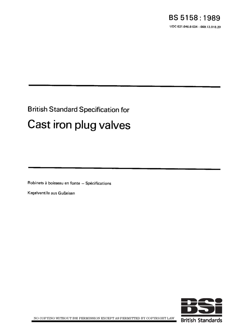 BS 5158-1989 铸铁旋塞阀规范 Specification for cast iron plug valves.pdf_第1页