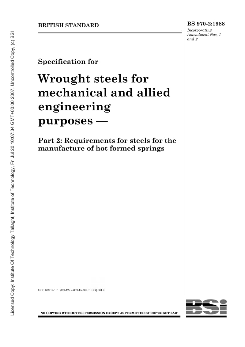 BS 970-2-1988 Specification for wrought steels for mechanical and allied engineering purposes. Requirements for steels for the manufacture of hot formed springs.pdf_第1页