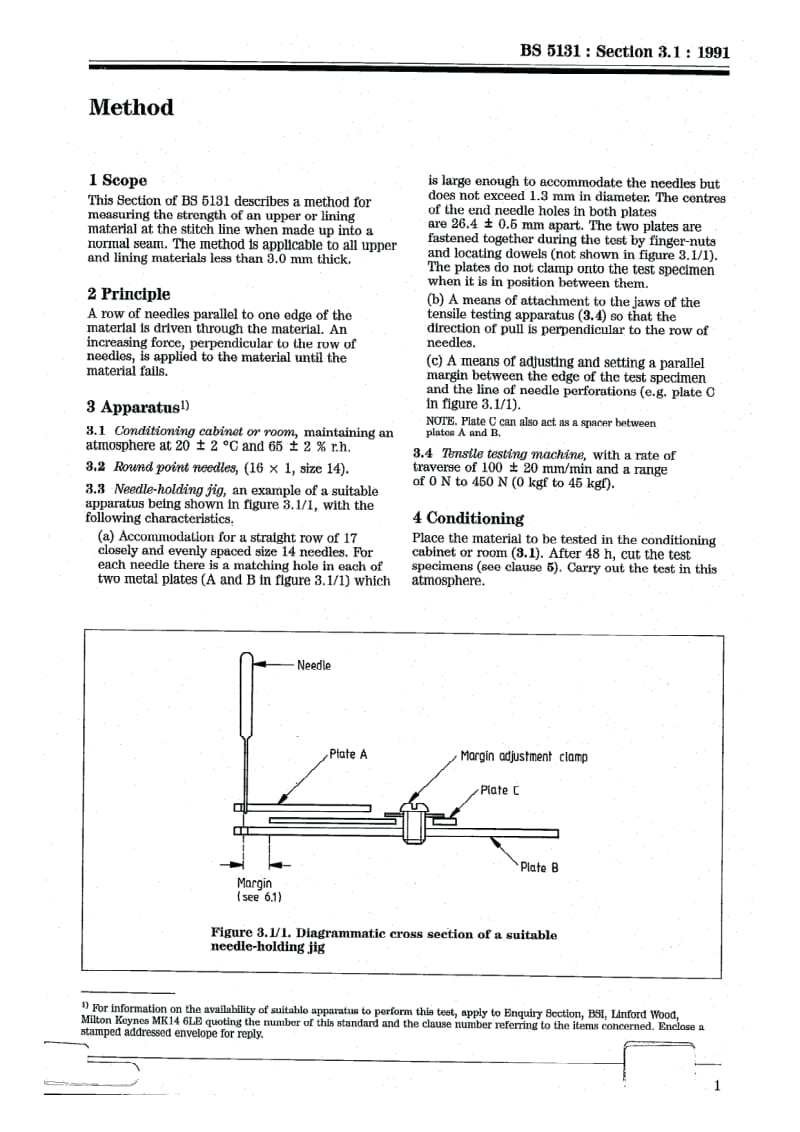 BS 5131-3.1-1991 鞋靴和鞋靴材料试验方法.第3部分鞋帮、织物和缝线.第1节垂直于针脚孔的鞋衬鞋帮材料强度1.pdf_第3页