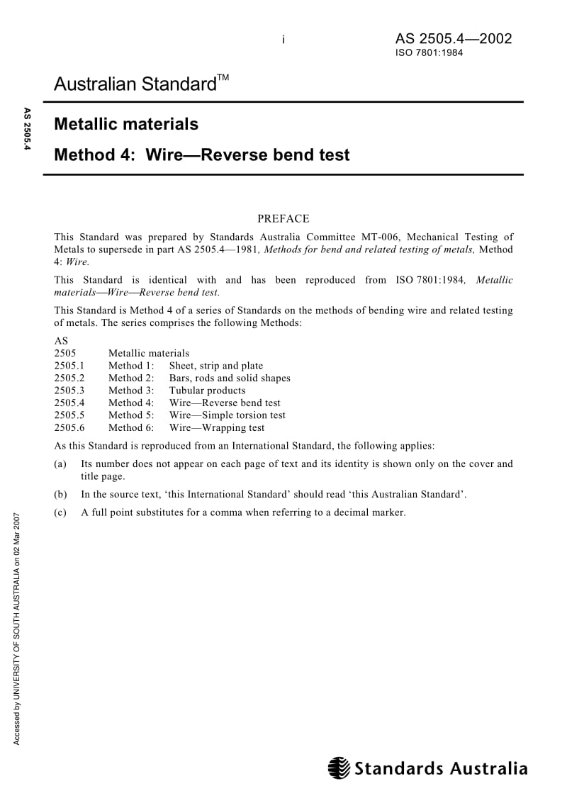 AS 2505-4-2002 Metallic materials Method 4 Wire—Reverse bend test.pdf_第1页