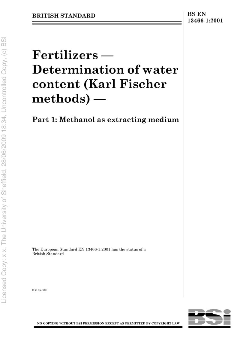 BS EN 13466-1-2001 Fertilizers Determination of water content (Karl Fischer methods) — .pdf_第1页