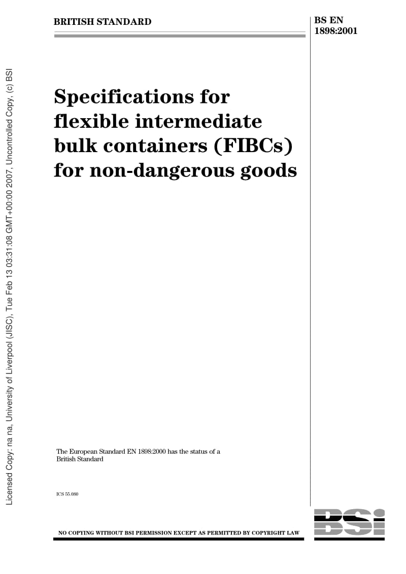 BS EN 1898-2001 Specifications for flexible intermediate bulk containers(FIBCs) for non-dangerous Goods.pdf_第1页
