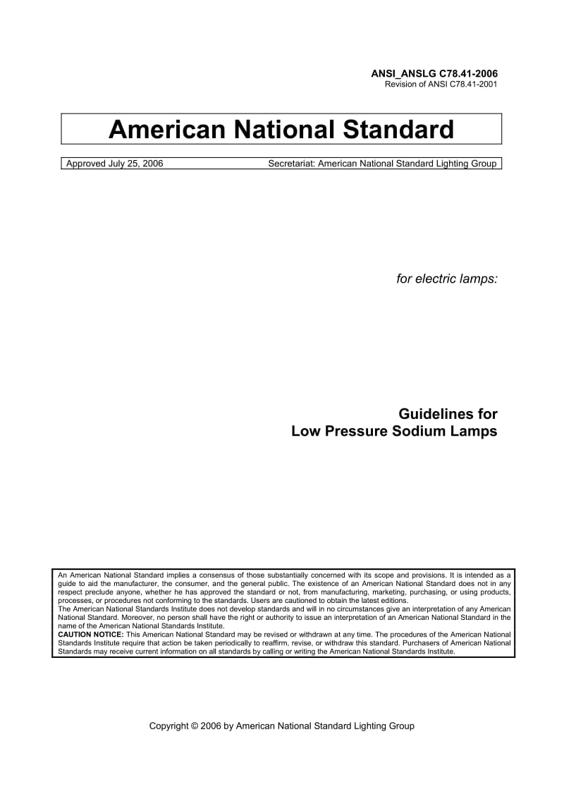 ANSI ANSLG C78.41-2006 For Electric Lamps -Guidelines for Low Pressure Sodium Lamps.pdf_第1页