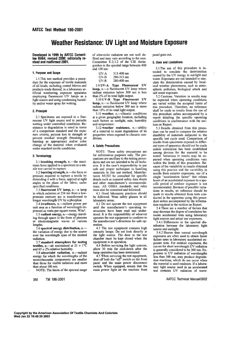 AATCC 186-2001 耐气候性：紫外线和湿度暴露.pdf_第1页